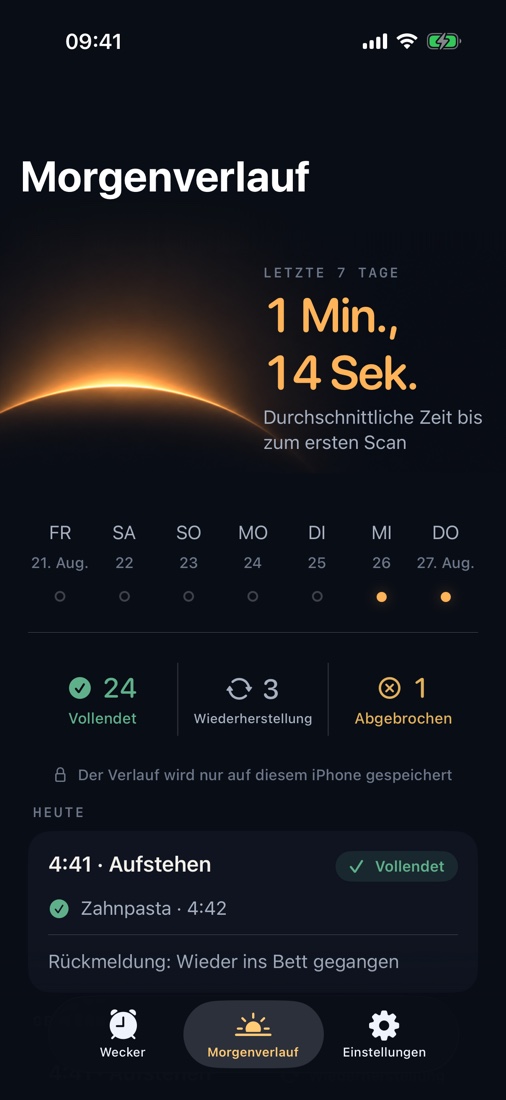 Sieh die Zeit bis zum ersten Scan und deinen Morgenverlauf. Alles bleibt auf deinem iPhone.