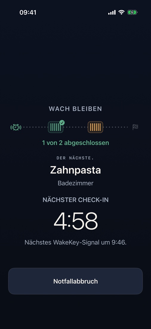 Wach bleiben fordert dich nach der gewählten Zeit auf, denselben WakeKey erneut zu scannen.