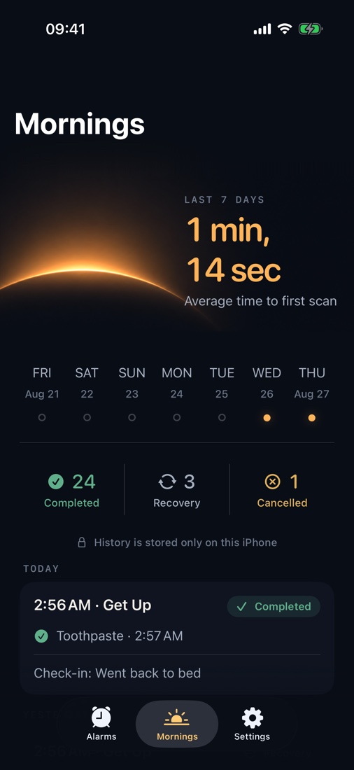 See time to first scan and your wake history. Everything stays on your iPhone.
