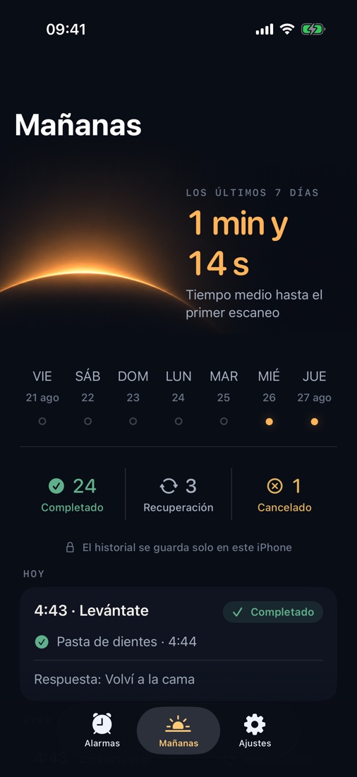 Consulta el tiempo hasta el primer escaneo y tu historial de despertares. Todo permanece en tu iPhone.