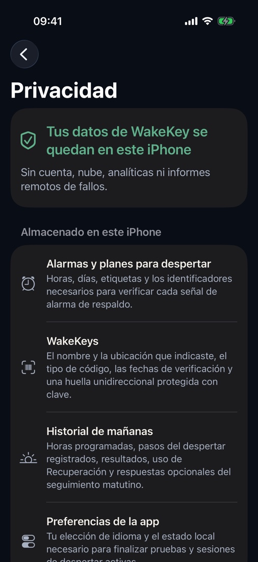 Sin cuenta. Sin anuncios. Sin analítica ni seguimiento. Sin registrar el sueño ni usar el micrófono. Los fotogramas de la cámara y los códigos de barras originales nunca se guardan. La comparación se realiza en tu iPhone mediante una huella local protegida.