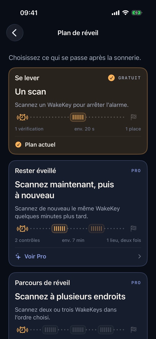 Choisissez un scan, un second contrôle ou un court parcours avant le déclenchement de l’alarme.