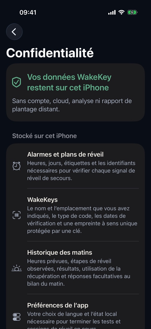 Aucun compte. Aucune publicité. Aucune analyse ni aucun suivi. Aucun suivi du sommeil et aucun micro. Les images de la caméra et les codes-barres bruts ne sont jamais enregistrés. La comparaison s’effectue localement sur votre iPhone avec une empreinte protégée.