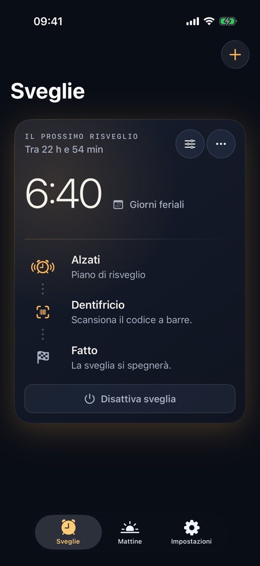 Scansiona dentifricio, caffè o shampoo e alzati. Aggiungi un secondo controllo se ti riaddormenti. Niente account, pubblicità o tracciamento.