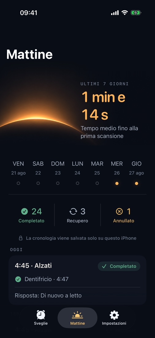Controlla il tempo fino alla prima scansione e la cronologia dei risvegli. Tutto resta sul tuo iPhone.
