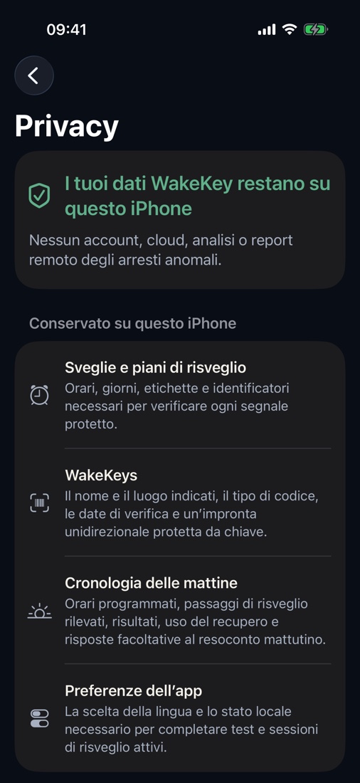 Nessun account. Nessuna pubblicità. Nessuna analisi o tracciamento. Nessun monitoraggio del sonno e nessun microfono. I fotogrammi della fotocamera e i codici a barre originali non vengono mai salvati. Il confronto avviene localmente sul tuo iPhone con un’impronta protetta.