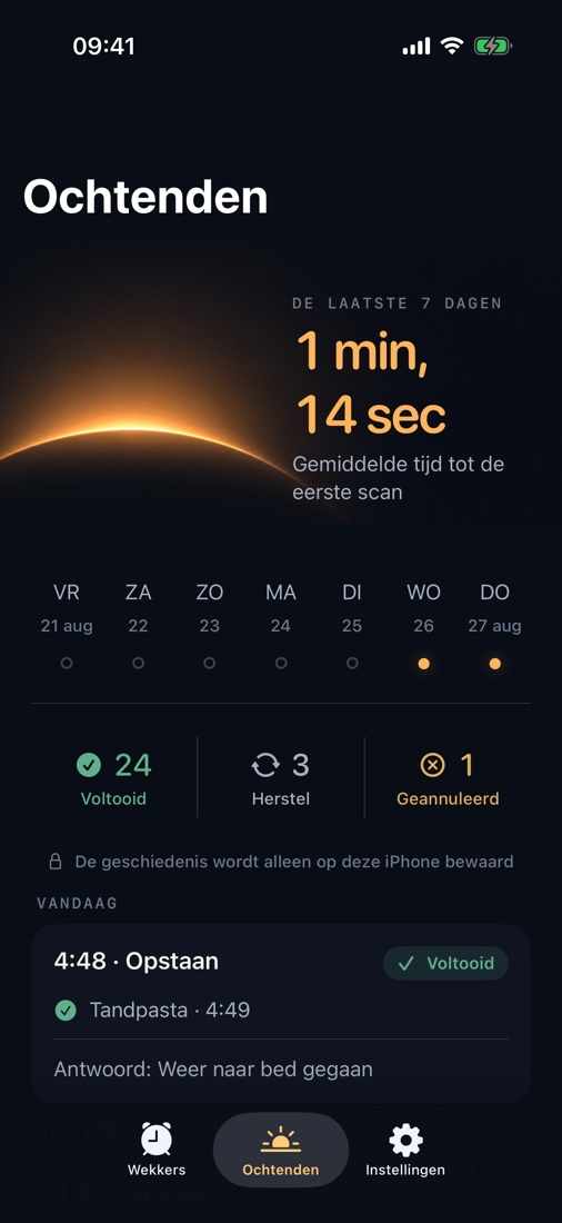 Bekijk de tijd tot je eerste scan en je ochtendgeschiedenis. Alles blijft op je iPhone.