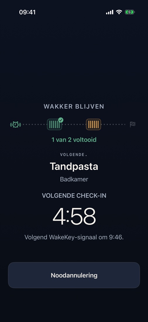Wakker blijven vraagt je na de gekozen tijd dezelfde WakeKey opnieuw te scannen.
