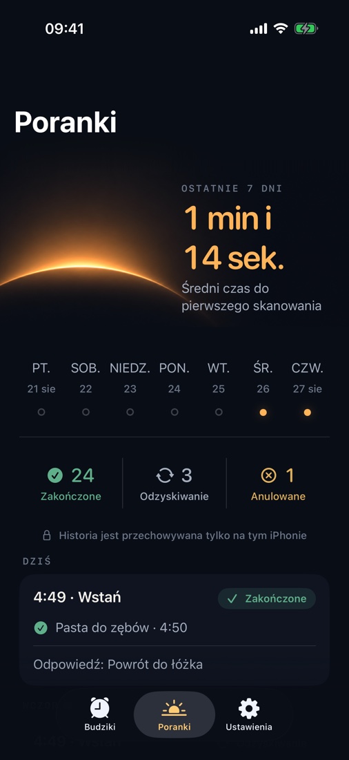 Zobacz czas do pierwszego skanowania i historię poranków. Wszystko zostaje na Twoim iPhonie.