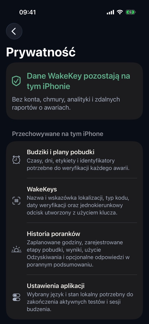 Bez konta. Bez reklam. Bez analityki i śledzenia. Bez monitorowania snu i mikrofonu. Obrazy z aparatu i surowe wartości kodów nigdy nie są zapisywane. Dopasowanie odbywa się lokalnie na iPhonie przy użyciu chronionego odcisku.