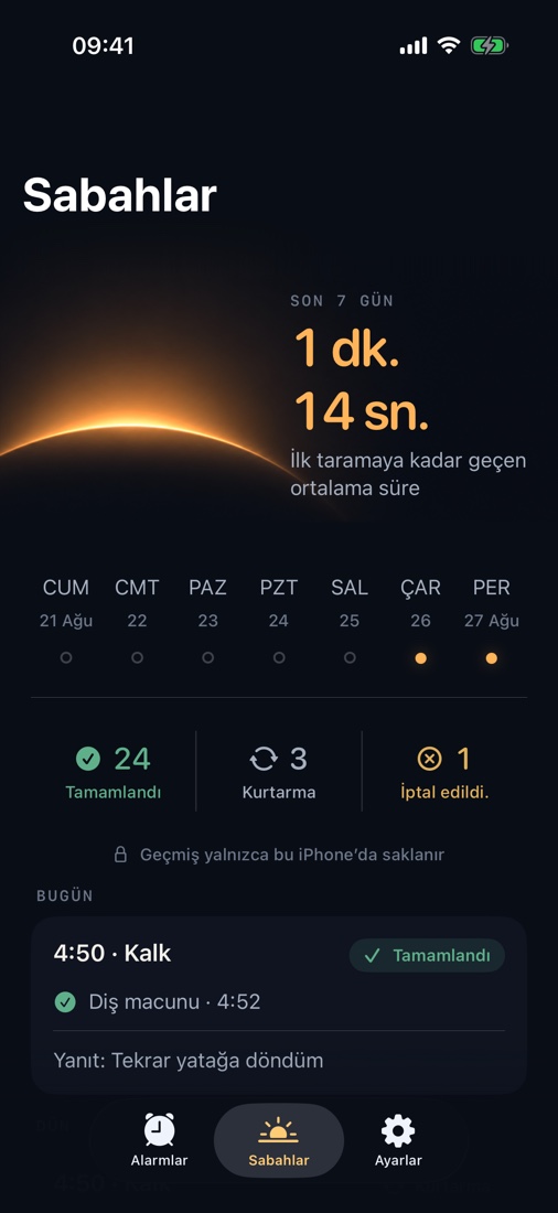 İlk taramaya kadar geçen süreyi ve sabah geçmişini gör. Her şey iPhone’unda kalır.